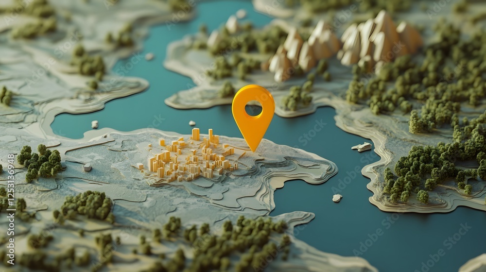 Poster aerial view of a detailed geographic map showing a scenic mountain lake surrounded by forested islan