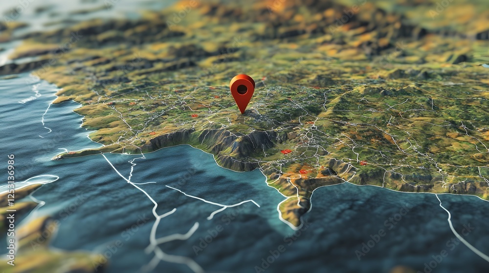 Leinwandbilder Aerial view of a detailed map with a red pointer marker highlighting a specific geographic location on the global terrain and landscape  The map showcases the topography roads