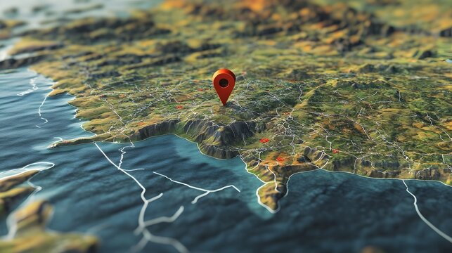 Aerial view of a detailed map with a red pointer marker highlighting a specific geographic location on the global terrain and landscape  The map showcases the topography roads