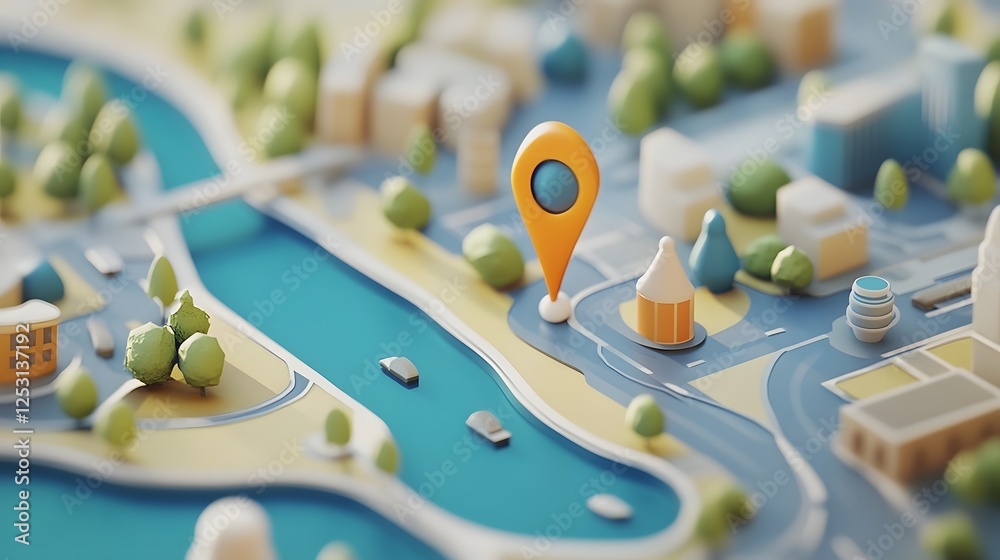 Fototapete Aerial view of a detailed miniature scale model of a city featuring buildings roads bridges and a river  A GPS navigation pointer is highlighted on the map indicating a specific location or route