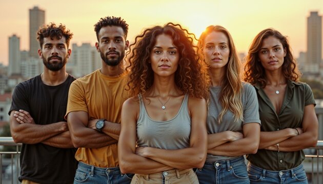 Group of diverse people representing gender equality with serious expressions against sunset background