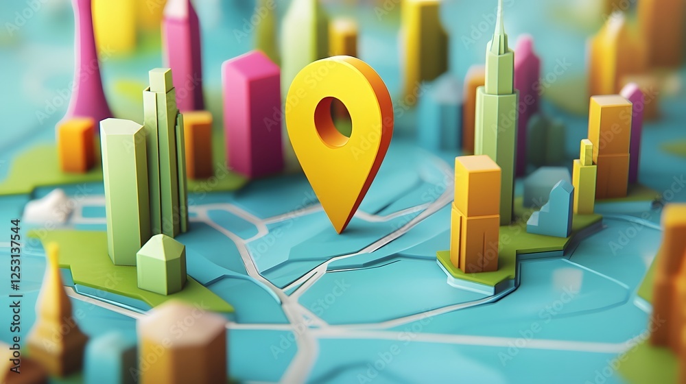 Aufkleber Aerial view of a digital 3D model city skyline with map GPS location marker pointer icon on a colorful abstract geometric city map background  Architectural infrastructure and technology concept