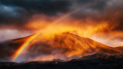 A breathtaking mountain landscape after a storm, with golden sunlight piercing through dark clouds and a vibrant rainbow arching over mist-covered peaks, creating a magical and dramatic scene