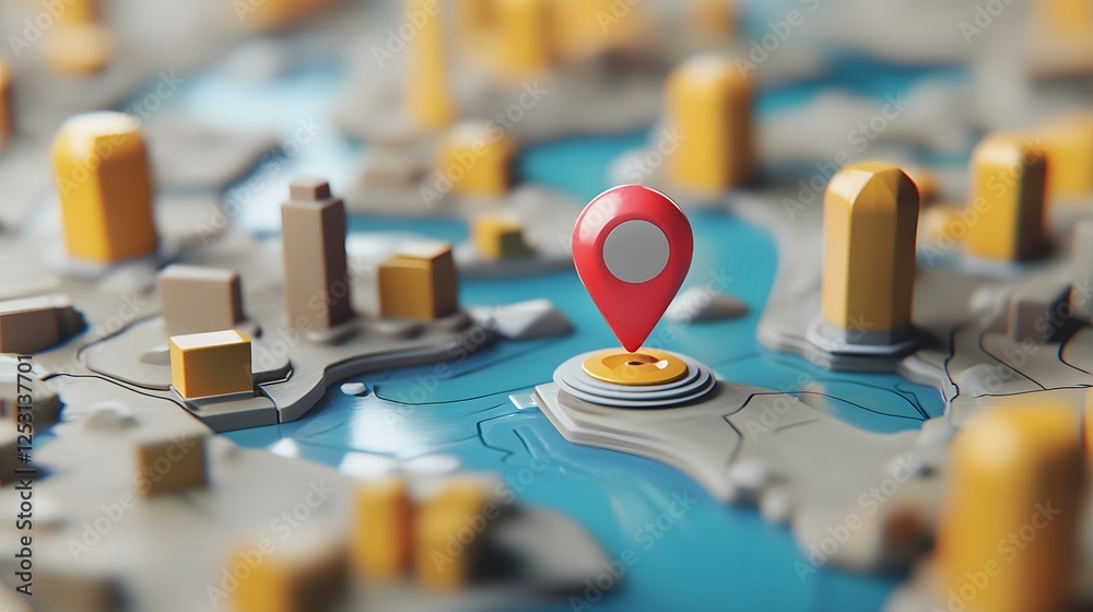 Fototapete aerial view of a digital map displaying a city skyline with buildings roads and a red location marke