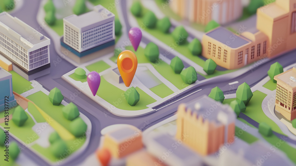 Fototapete aerial view of a digitally rendered city map with navigation markers showcasing the layout architect