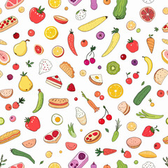 Colorful fruits and vegetables, including apples, bananas, oranges, lemons, pears, grapes, strawberries, kiwis, carrots, and more, arranged in a visually appealing and diverse manner. Vector pattern