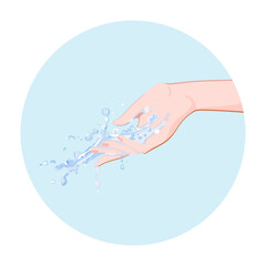 Hand with water flow and splashes. Skincare daily spa routine icon for infographics, presentations, web design, poster, banner. Modern flat style. Vector colorful illustration.