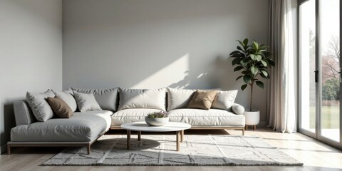 Modern Sectional Sofa in a Sunlit Living Room with Neutral Decor and Minimalist Design