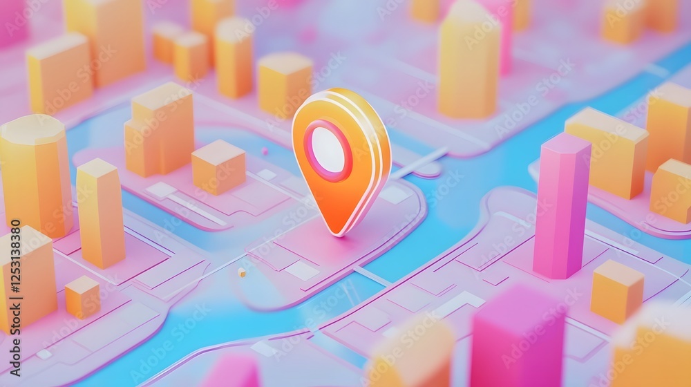 Poster aerial view of a futuristic 3d geometric city skyline with colorful cubes abstract buildings and a m