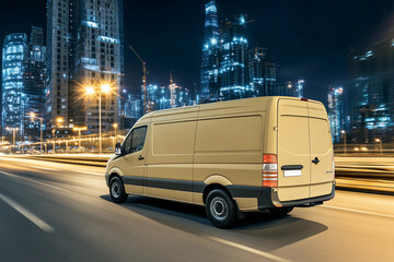 Delivery van driving through a city at night