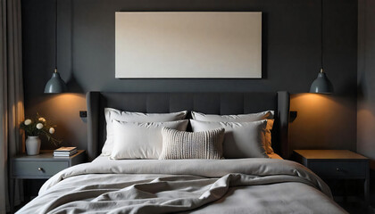 Elegant bedroom interior with blank canvas above the bed for artwork mockup