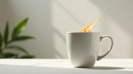 A Moment of Tranquility  Sunlight Illuminates a White Mug as Warm Beverage Splashes Gracefully