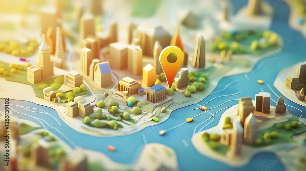 Poster aerial view of a highly detailed 3d model city map with skyscrapers high rise buildings roads bridge