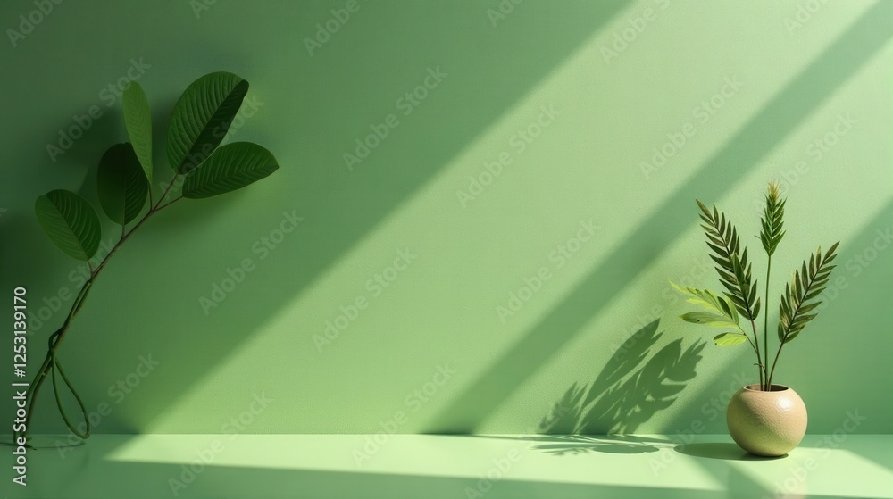 Aufkleber serene minimalist still life featuring lush greenery and gentle light against a soft green backgroun