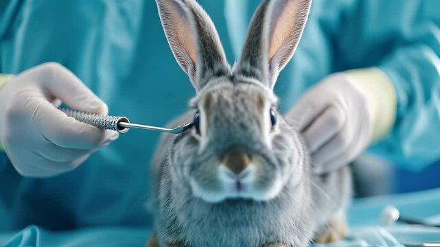 Veterinary examination of a rabbit in a clinical setting with medical tools and gentle handling