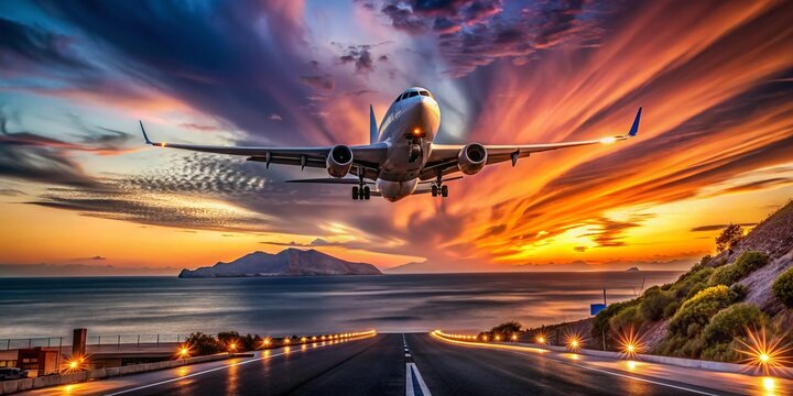 Santorini Airport Sunset: Long Exposure Airplane Landing
