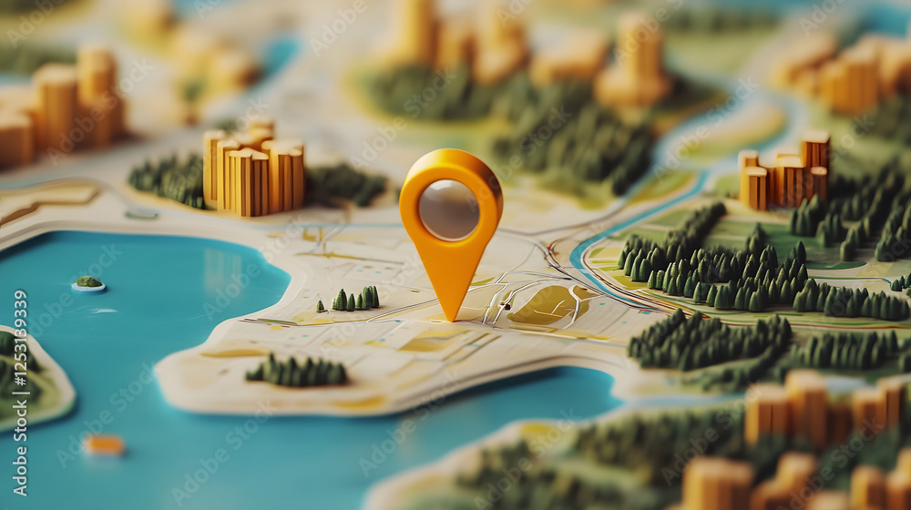 Poster aerial view of a highly detailed 3d model map depicting a miniature landscape with mountains forests