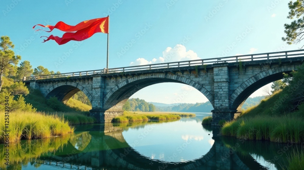 Poster serene stone arch bridge with a flowing red banner under a clear sky