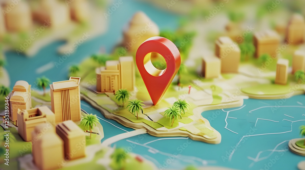 Poster aerial view of a lush tropical island paradise with a red map navigation pin pointer marking a desti