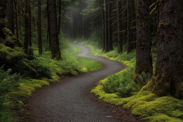 Obraz premium A serene rainforest trail with soft rain falling and mist weaving through moss-covered trees and vibrant green foliage, creating a tranquil and mystical atmosphere