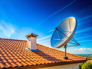 Satellite Dish on Residential Roof with Copy Space - Technology and Communication Concept