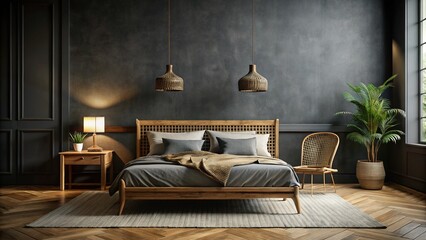 Scandinavian Dark Bedroom Mockup: Rattan Bed Against Black Wall, Copy Space