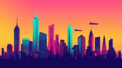 Fototapeta premium Vibrant City Skyline Illustration with Airplanes at Sunset