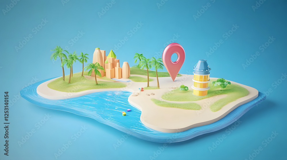 Poster aerial view of a lush tropical island paradise with sandy beaches swaying palm trees and a vivid blu