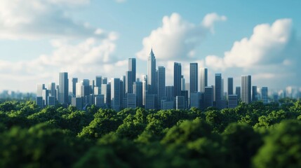 Fototapeta premium Urban Skyline Surrounded by Lush Green Forest and Blue Sky