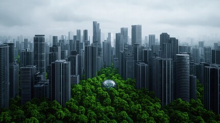 Fototapeta premium Lush Green Oasis Amidst Urban Skyscrapers in Futuristic Cityscape