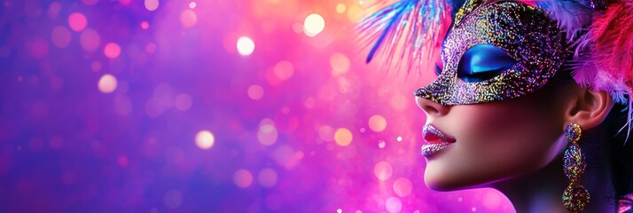 Obraz premium A vibrant and colorful banner featuring an eye-catching woman wearing a glittery mask, with feathers in her hair.