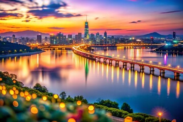 Fototapeta premium Seoul Han River Twilight: Bokeh Cityscape, South Korea