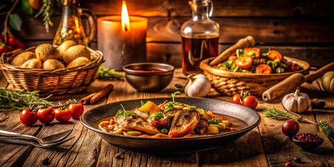 Fototapeta premium Sepia-toned Close-up of Friday's Delicious Meal: Rustic Food Photography