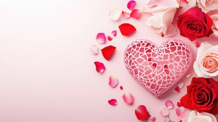 Obraz premium Valentine's Day card, romantic, elegant, surreal. Corner composition, gradient background, blur effect, space for text. Perfect for holiday wishes and romantic gifts.