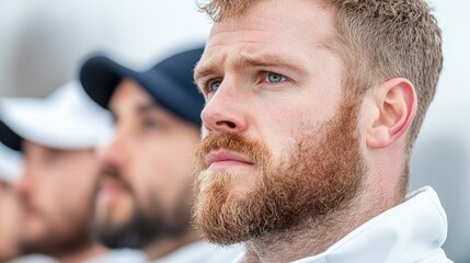 Obraz premium Focused man in white outdoors, serious look, onlookers. Possible stock photo use People, concentrated, winter, outdoors