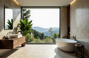 Fototapeta premium Luxury modern design bathroom with bathtub and large window and plants. Generative AI.