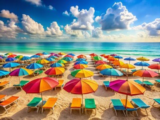 Serene Beach Scene: Umbrellas, Chairs & Ocean View - Stock Photo