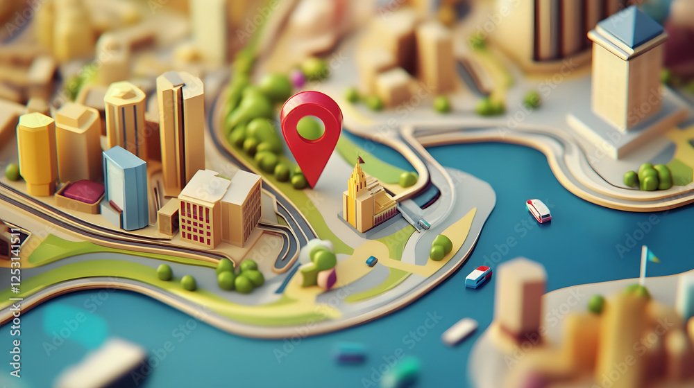 Aufkleber aerial view of a miniature scale model city map with navigation pin marker on a detailed cityscape b