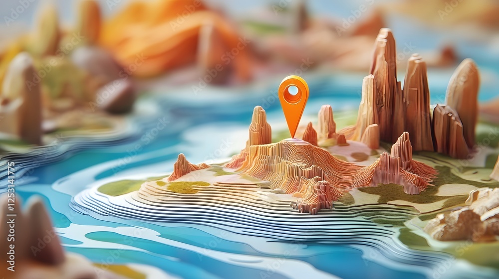 Poster aerial view of a miniature surreal desert landscape with towering mountains rolling sand dunes and a
