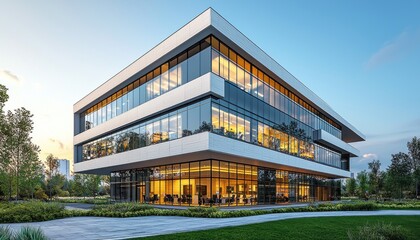 Obraz premium Modern office building exterior at dusk with landscaping