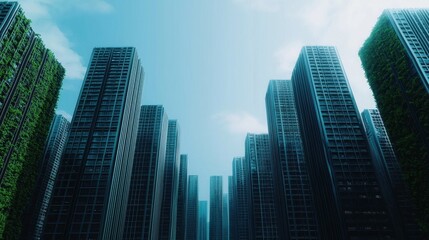 Obraz premium Modern Urban Landscape with Skyscrapers and Greenery Elements