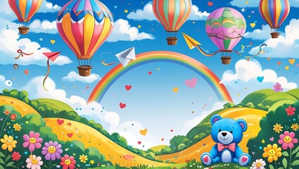 Kids Zone background with 3d rainbow wave. Colorful Vector Illustration for Children's  toy  and Playroom. Banner for Kids game room.