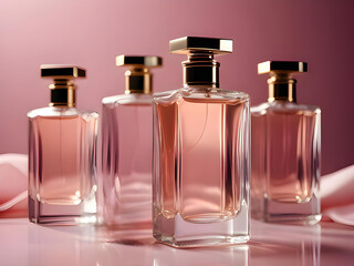 Elegant Transparent Perfume Bottles on Pink Background – Luxury Fragrance for Women & Men