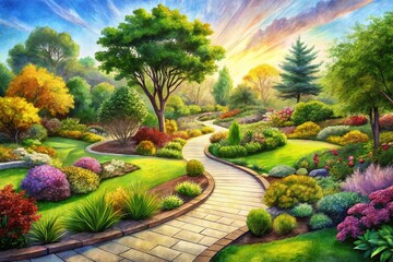 Obraz premium Serene Garden Design Sketch: Winding Paths, Lush Greenery, Landscape Architecture