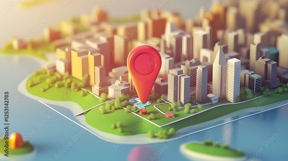 Poster aerial view of a modern cityscape with a miniature gps navigation marker pinned on the urban skyline