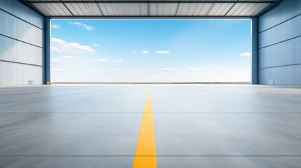 spacious aircraft hangar with clear blue sky visible through open doors, showcasing bright and inviting atmosphere. smooth concrete floor features prominent yellow line, emphasizing expansive