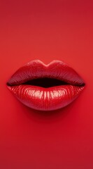 Obraz premium Close-Up of Glossy Red Lips on a Bold Red Background