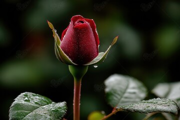 A deep red rosebud covered in dewdrops, standing against dark green foliage with a blurred background, highlighting its freshness and elegance