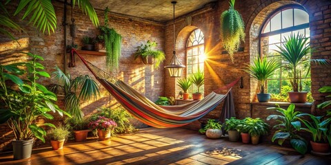 Obraz premium Serene Hammock Oasis: Aerial View of Brick Room with Lush Greenery