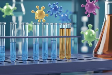 Test tubes with blue and yellow liquids in a laboratory setting with floating 3d virus models